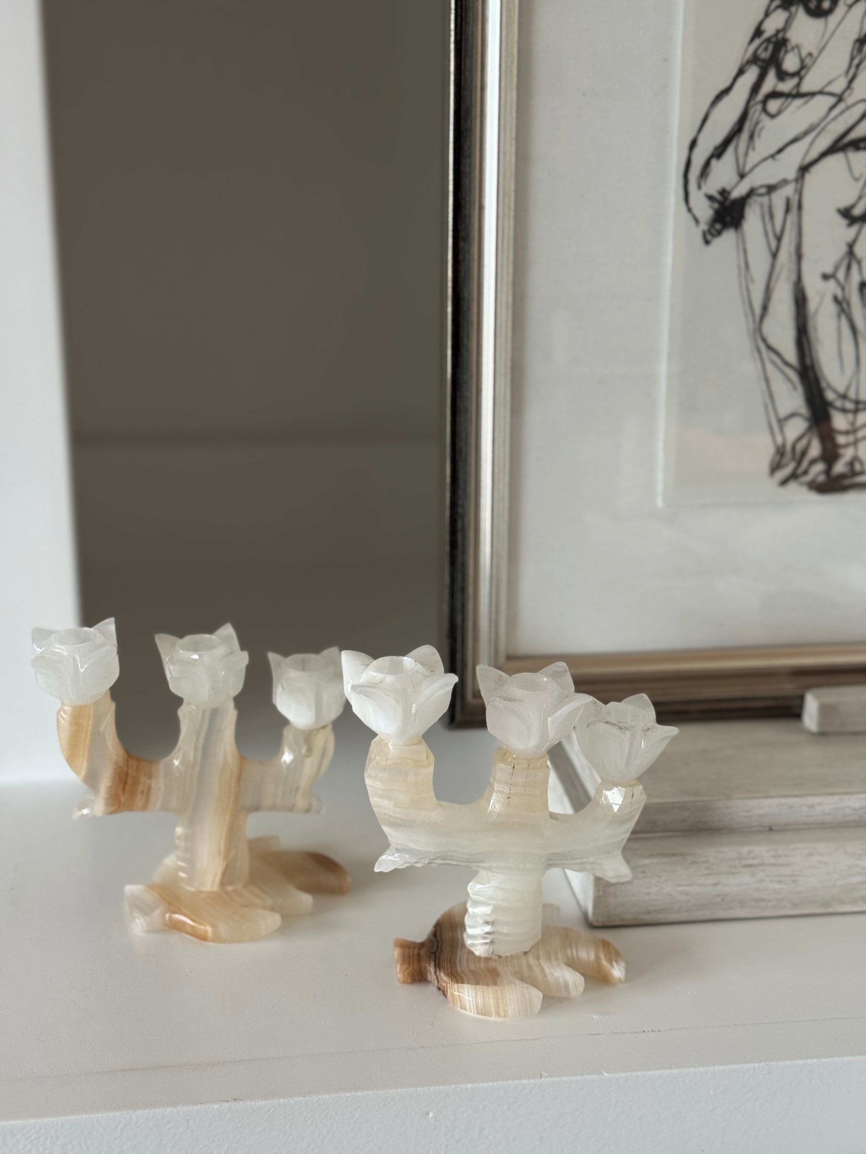 Pair Of Onyx Floral Candlesticks