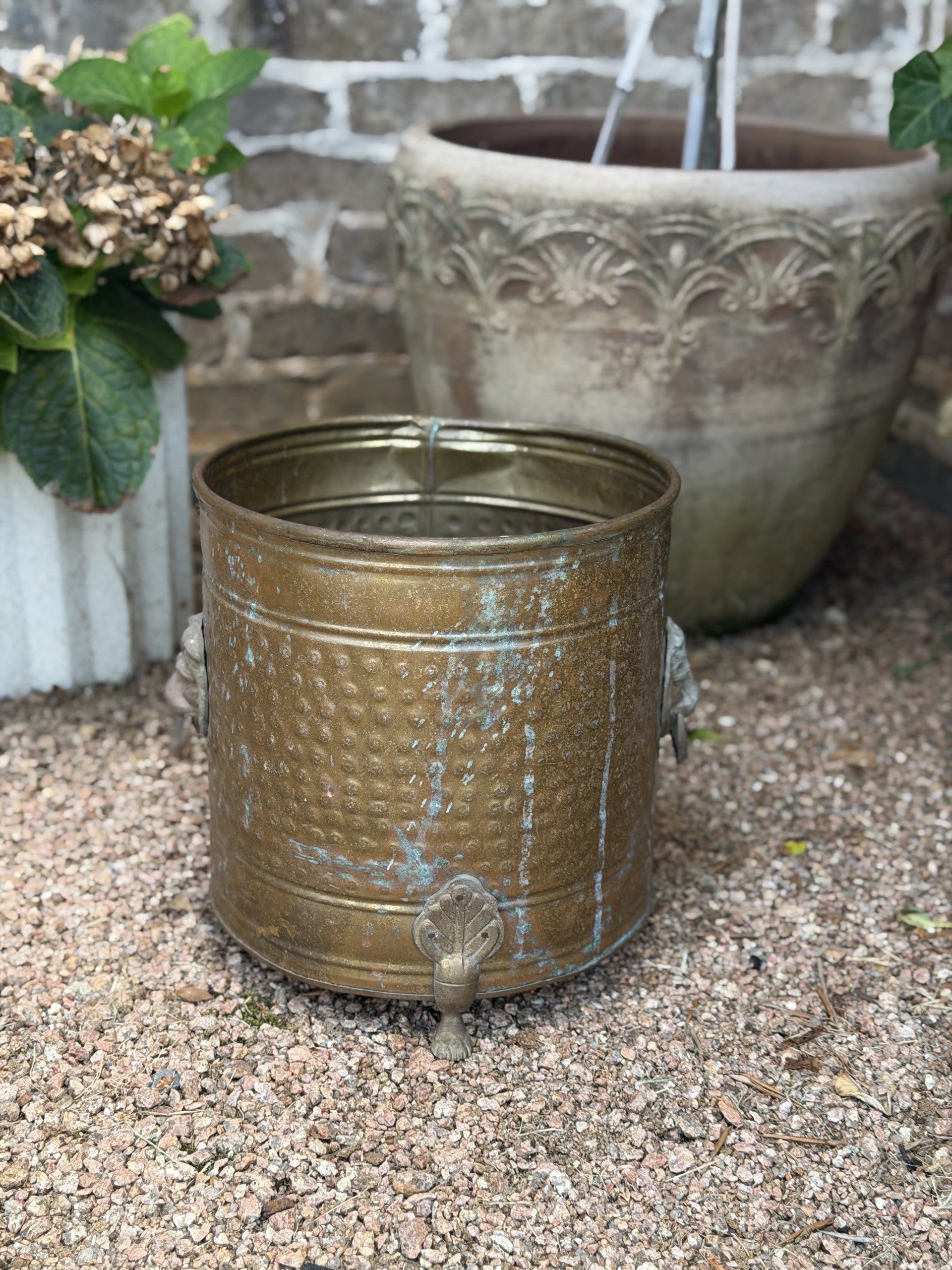 Antique Brass Planter with Lion Motifs
