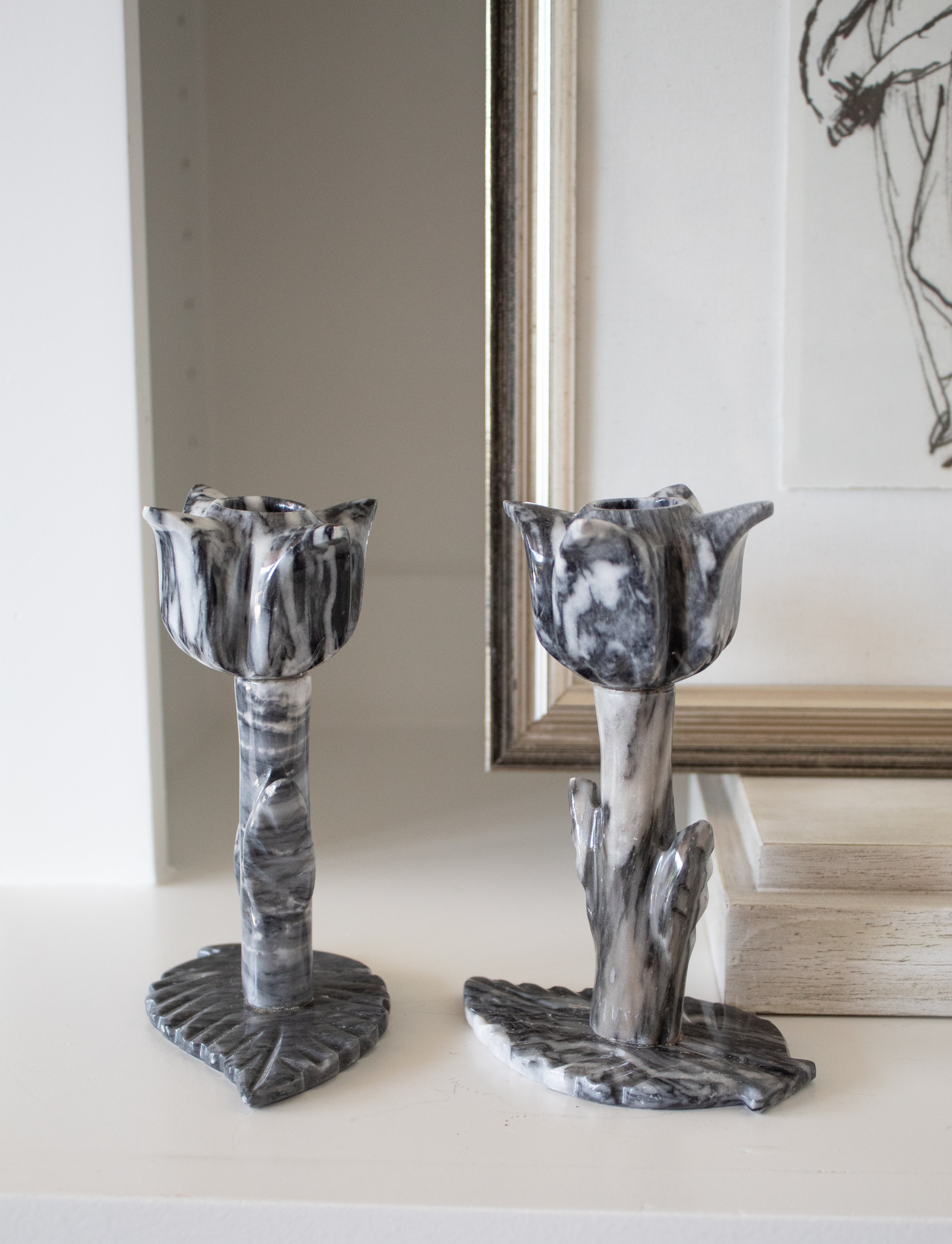 Vintage Onyx Floral Candlesticks